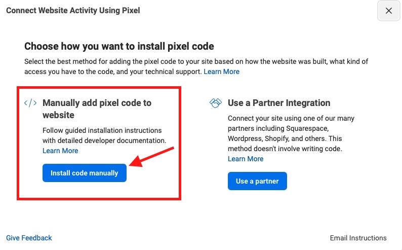 facebook ads data sources pixel install partner integration manual setup