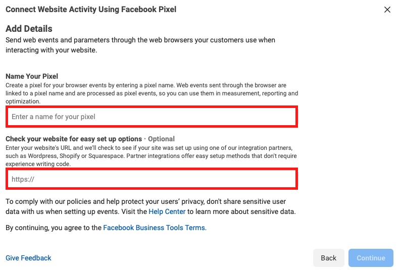 facebook ads data sources pixel name