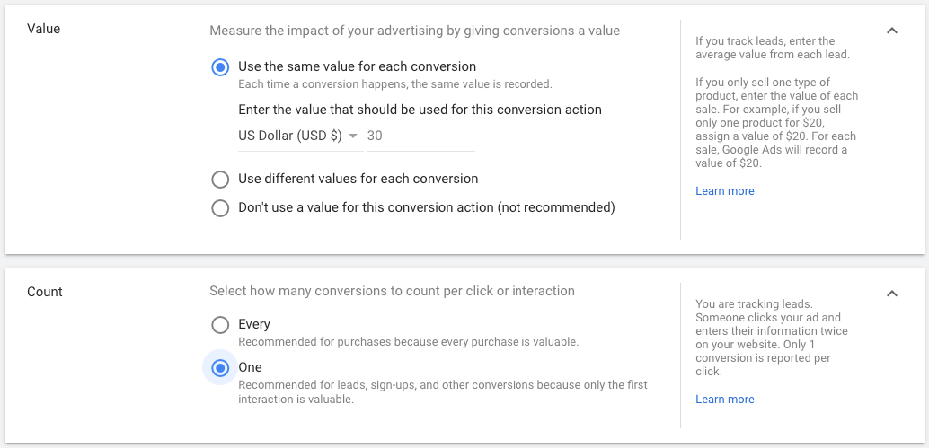 display ads conversions value count