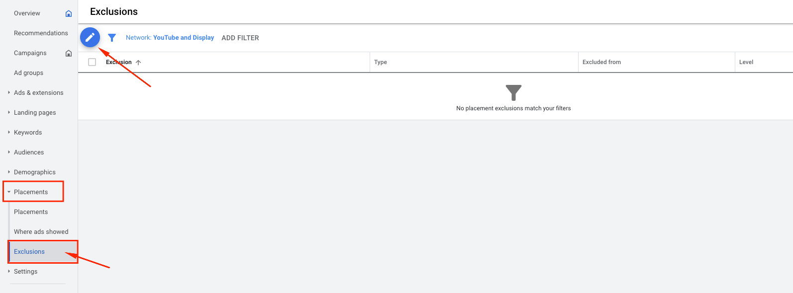display ads placement exclusions