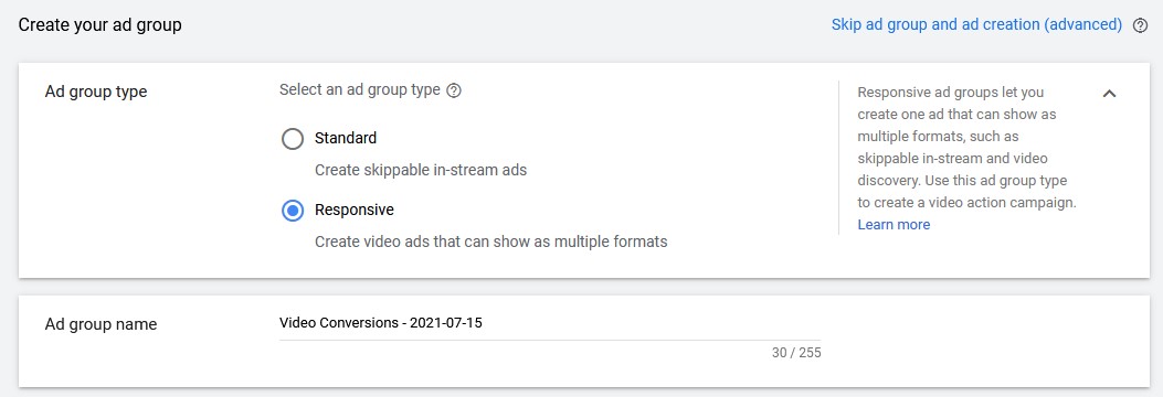 google video ads ad group type