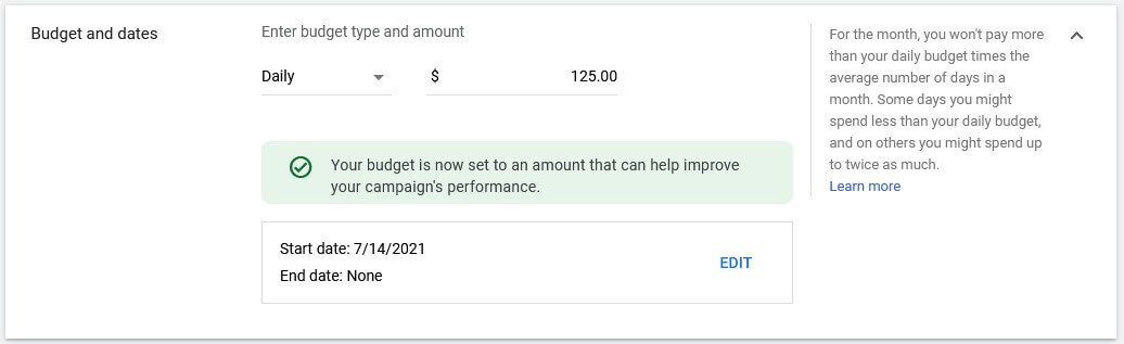 google video ads budget amount