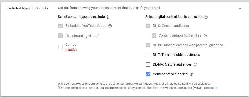 google video ads excluded types