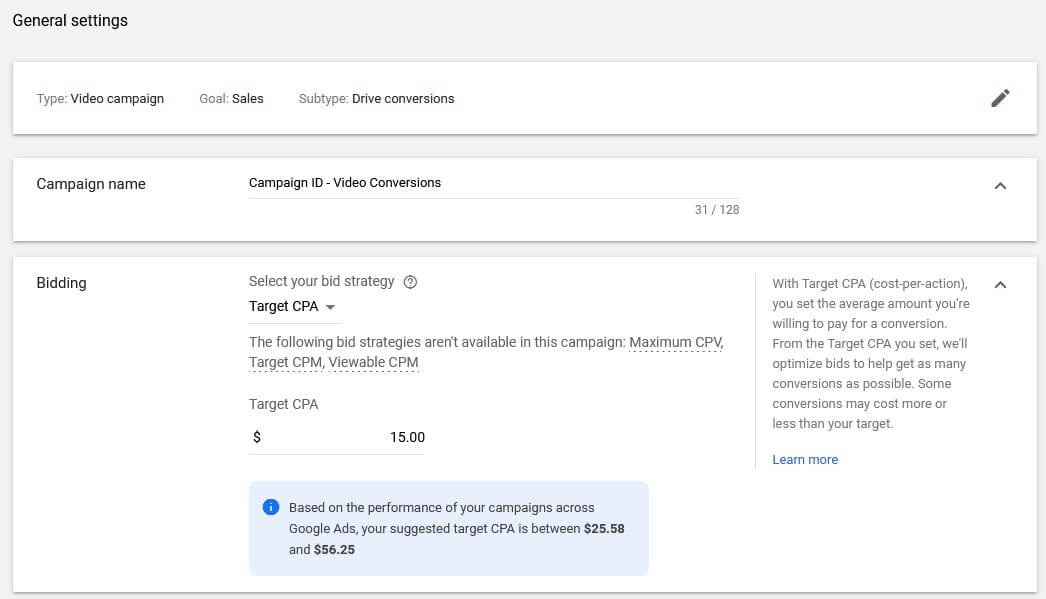 google video ads general settings