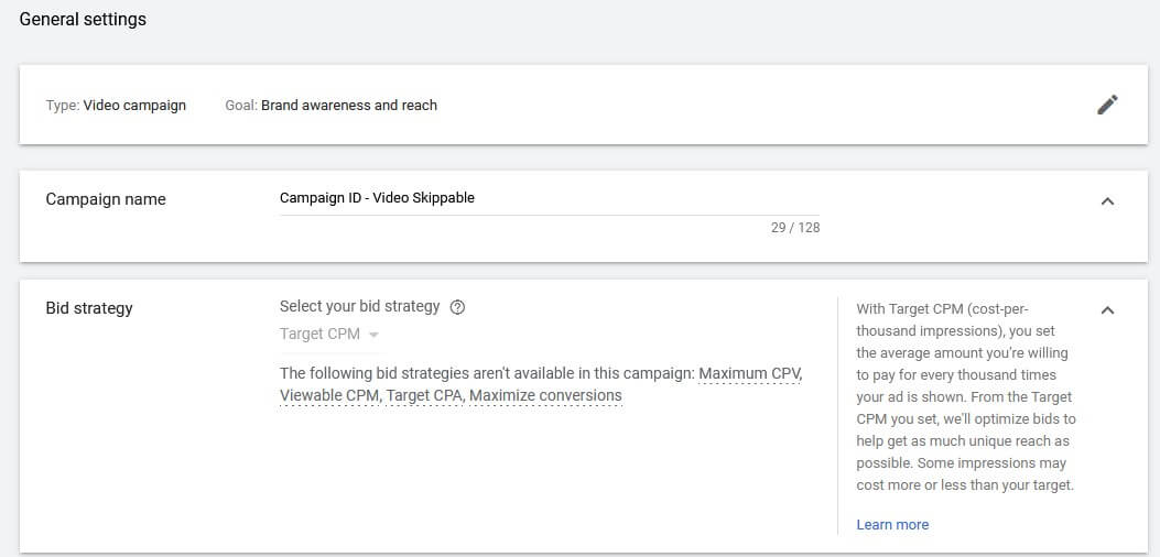 google video ads general settings
