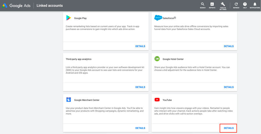 google video ads link youtube account details