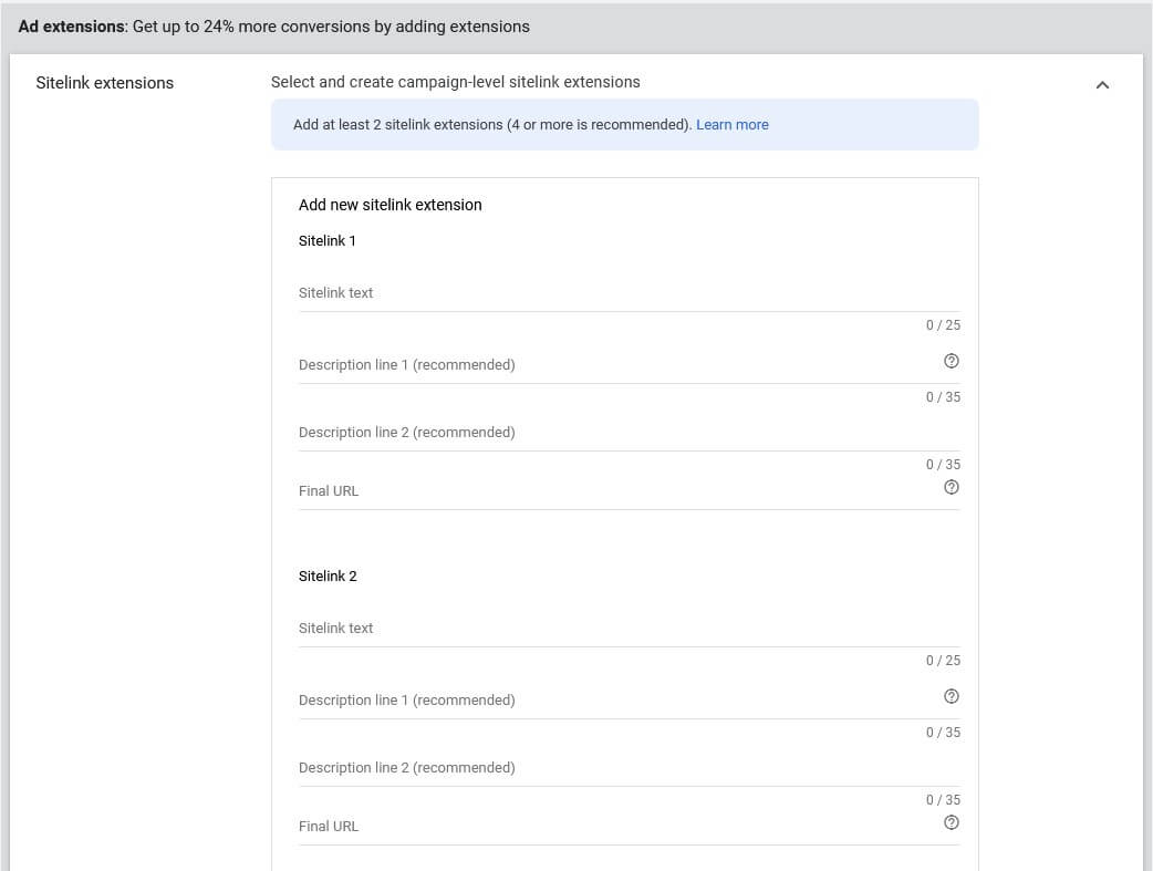 google video ads sitelink extensions