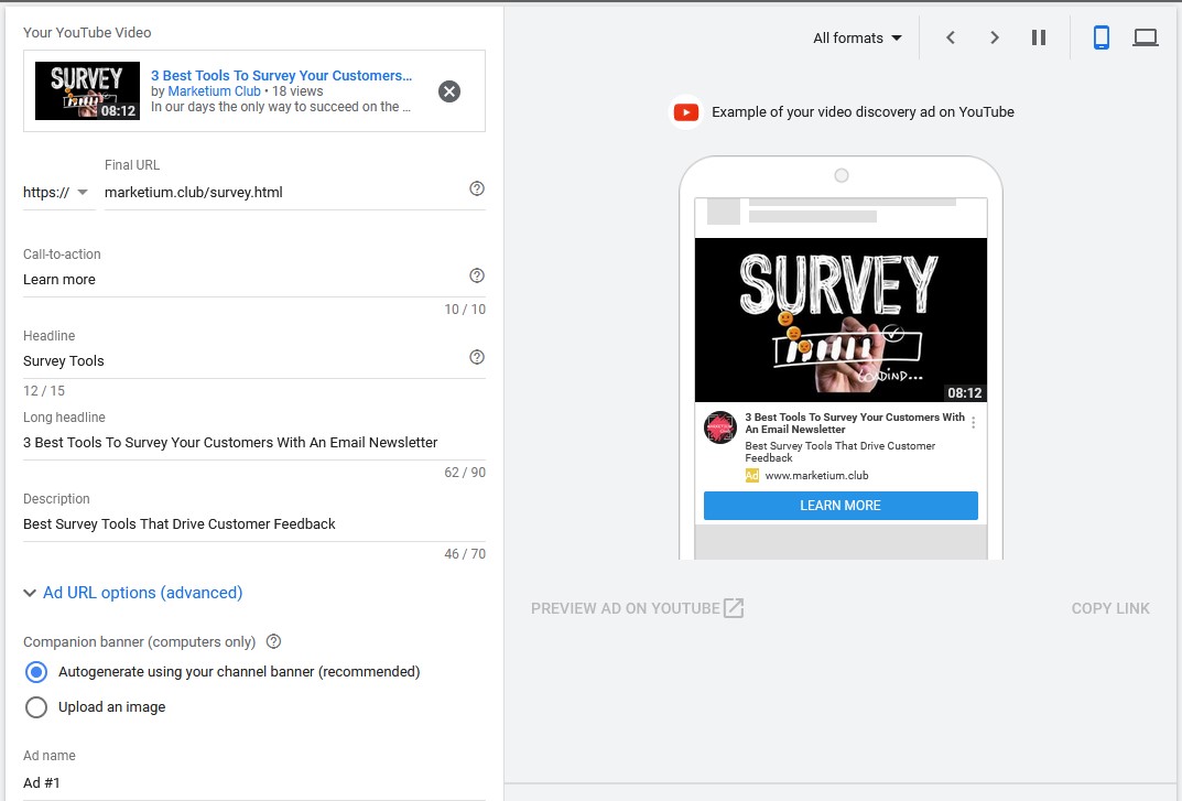 google video ads survey tools