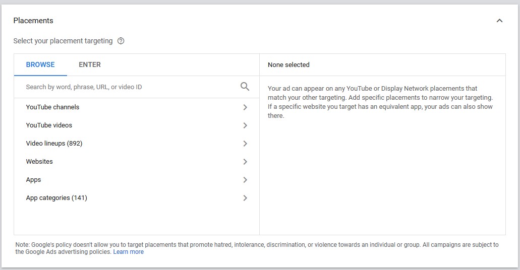 google video ads targeting placements