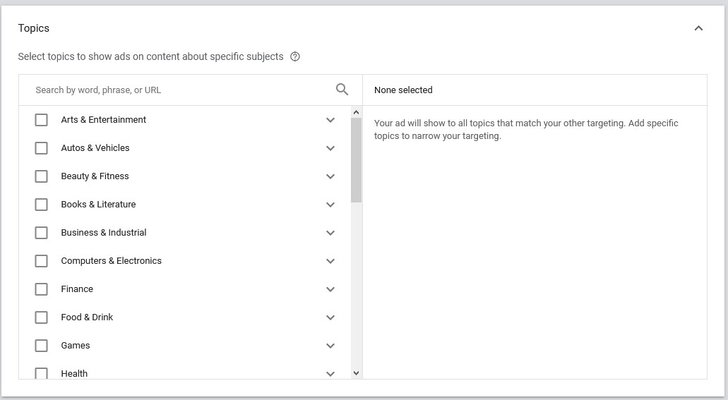 google video ads targeting topics