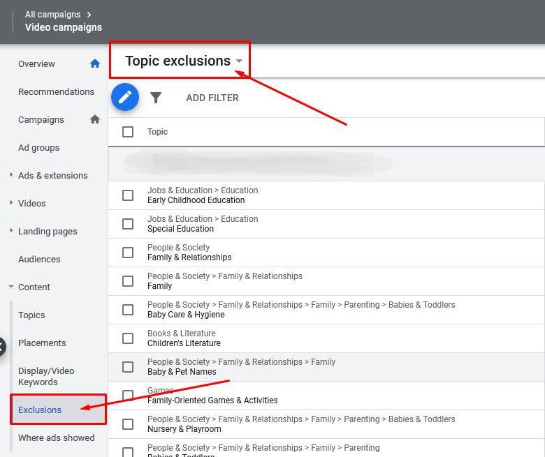 youtube video ads topic exclusions