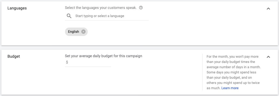 google ads app campaigns language budget
