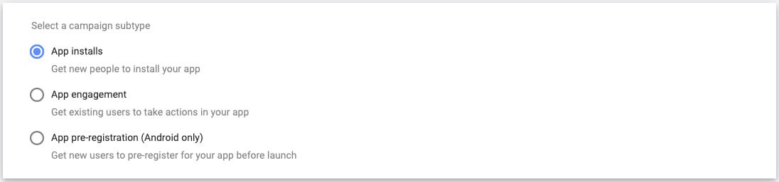 google ads app campaigns subtype