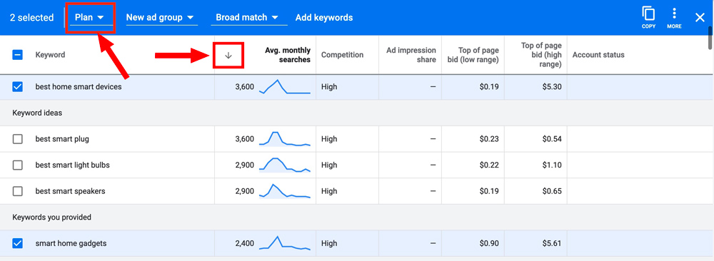 keyword planner selecting keywords