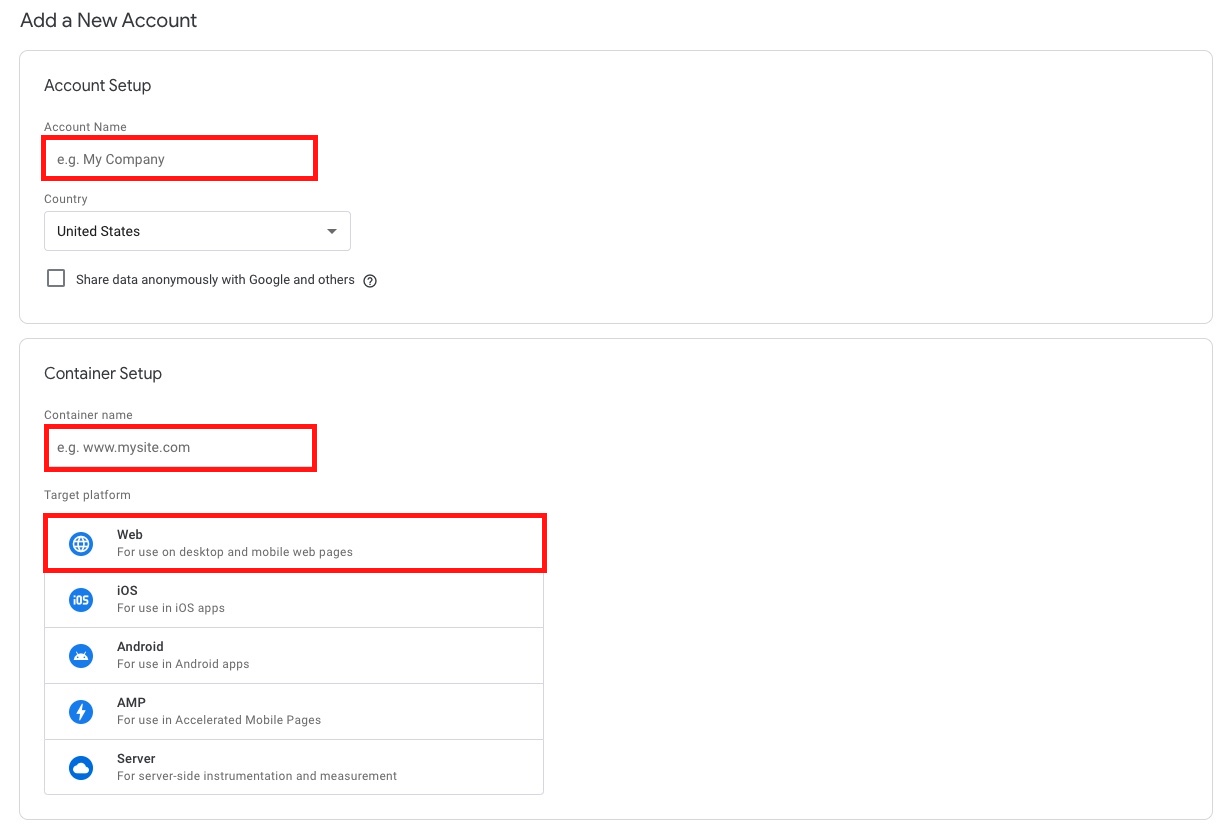 google tag manager create account setup