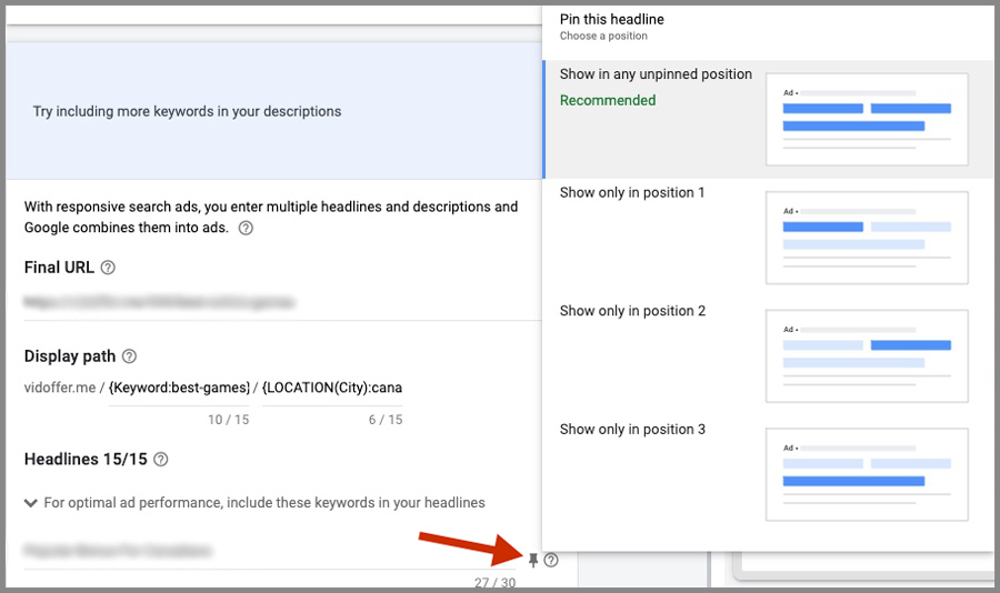 pinning ad text google ads