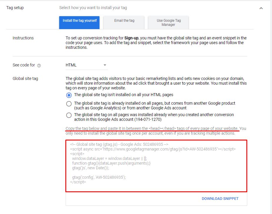 google ads global site tag install