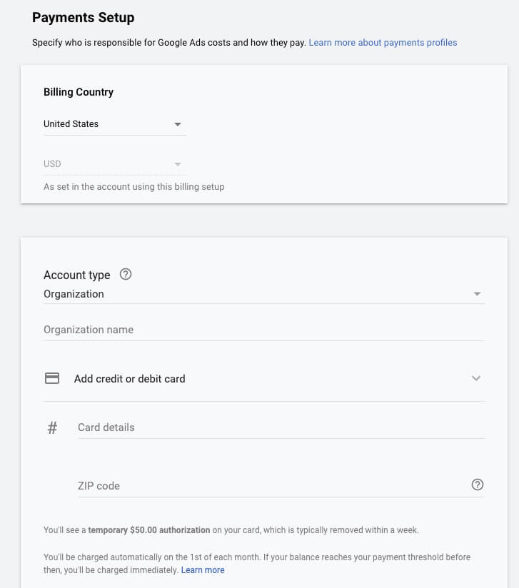 google ads payment setup