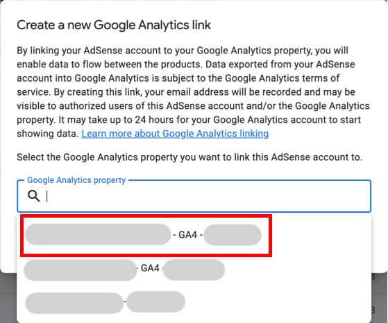 google adsense linking with google analytics 4 select property