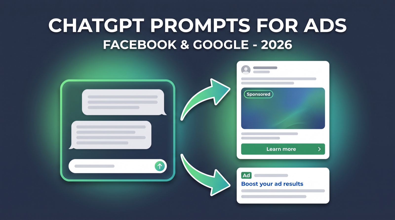 Hero graphic: an AI chat interface generating advertising copy, with arrows pointing to a Facebook-style feed ad card and a Google-style search ad; headline reads CHATGPT PROMPTS FOR ADS, FACEBOOK & GOOGLE 2026.
